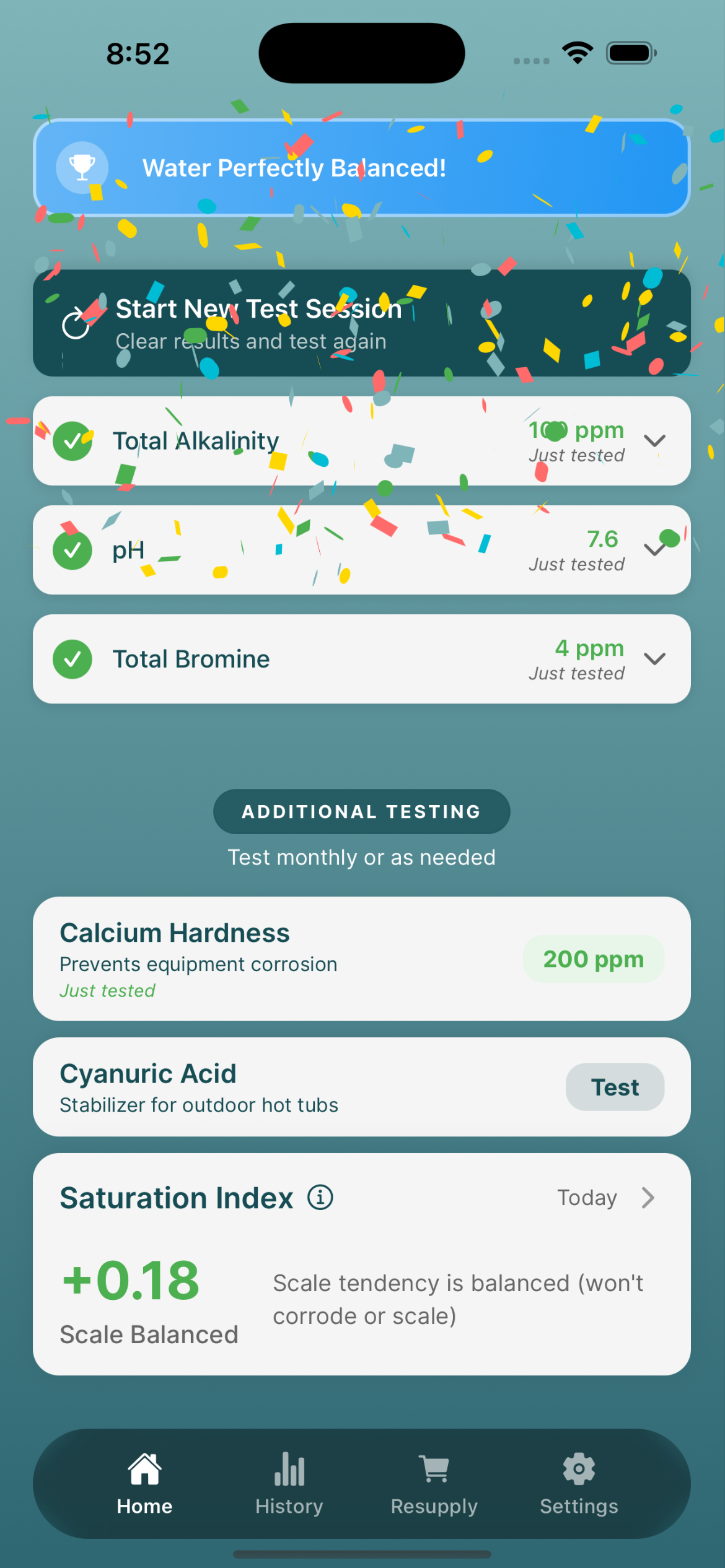 TubTest Dashboard showing water chemistry status