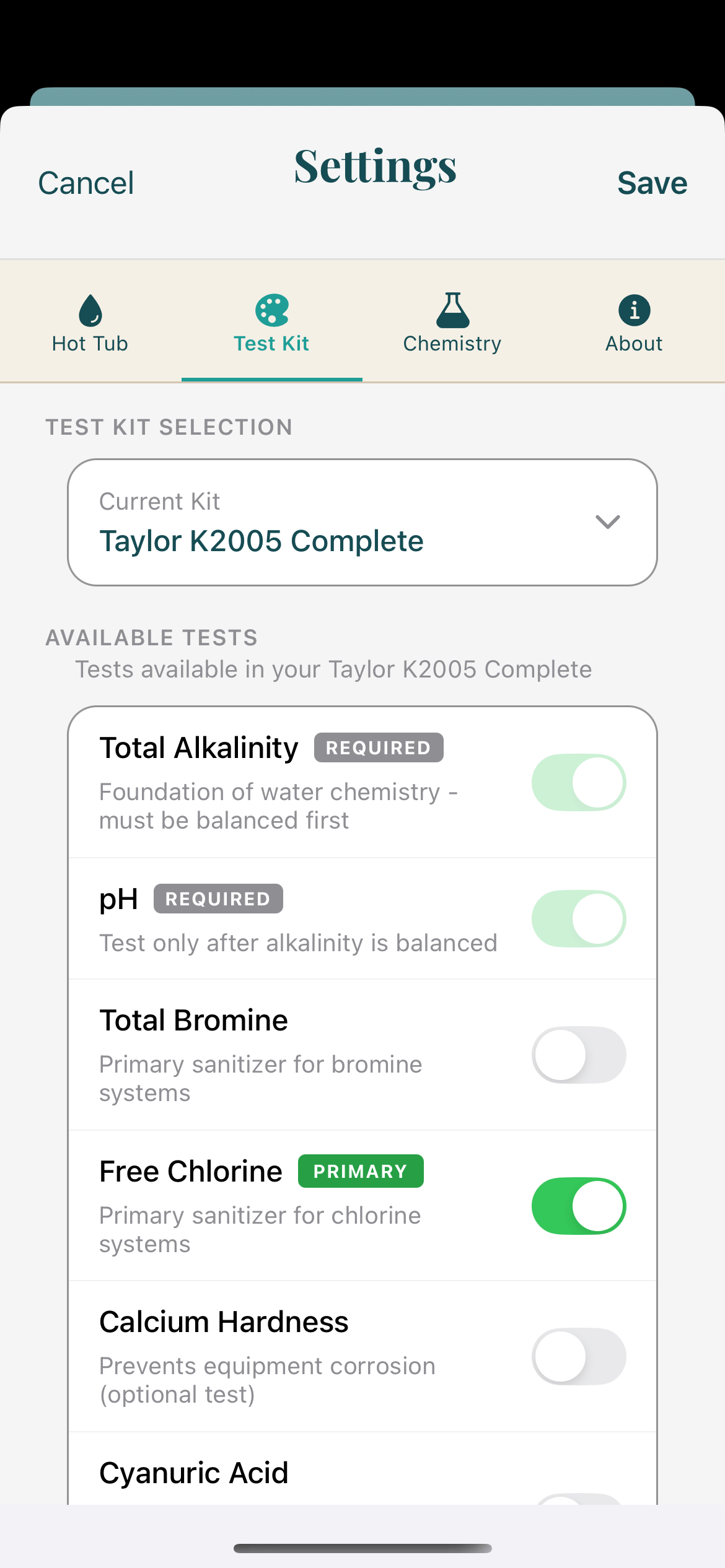 TubTest Settings Screen